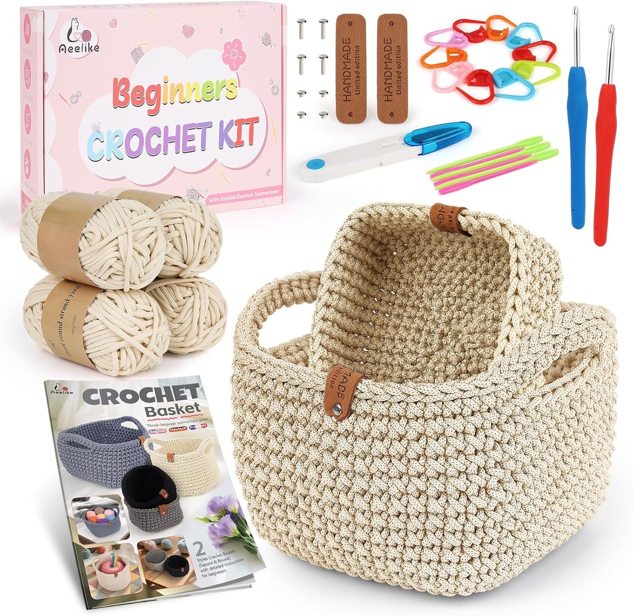 27PCS Crochet Basket Kit for Beginners Complete Knitting & Crocheting Set with Instructions